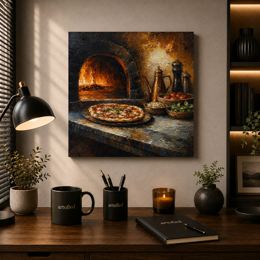Wood-Fired Pizza in Rustic Warmth – Golden firelight on stone and crust – Premium Metal Poster - Artofied