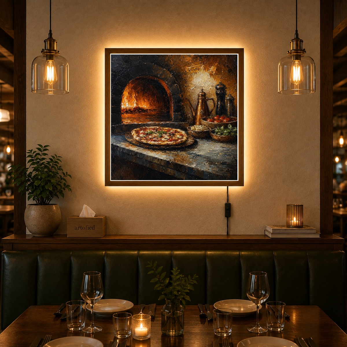Wood-Fired Pizza in Rustic Warmth – Golden firelight on stone and crust – Photo Frame Wall Lamp - Artofied