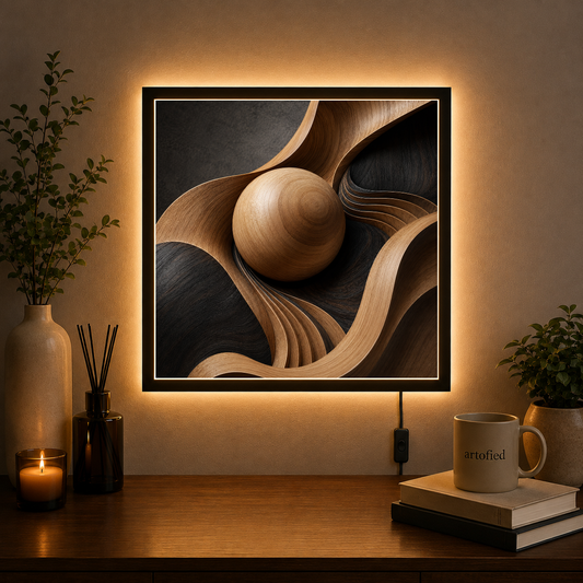 Wooden Sphere in Motion – Wood grain dancing across darkness – Acrylic Glowing Frame - Artofied