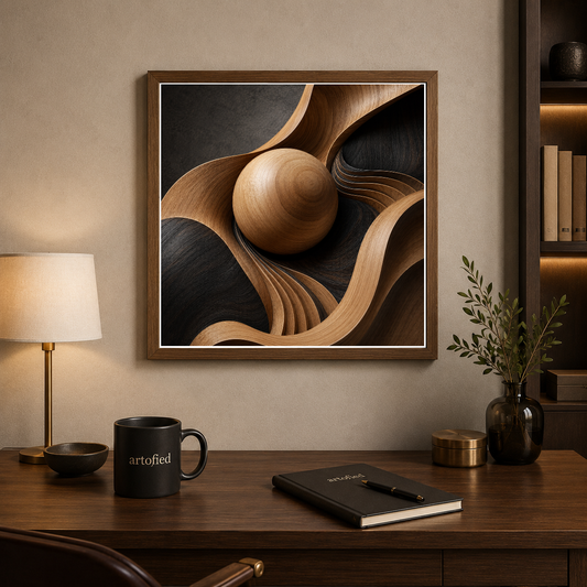 Wooden Sphere in Motion – Wood grain dancing across darkness – Framed Metal Poster - Artofied
