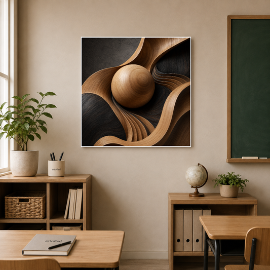 Wooden Sphere in Motion – Wood grain dancing across darkness – Premium Metal Poster - Artofied