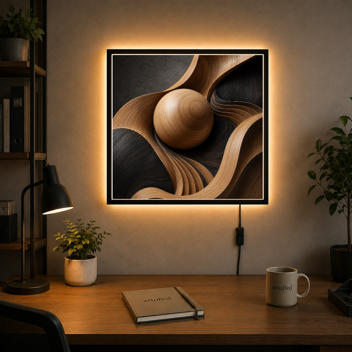 Wooden Sphere in Motion – Wood grain dancing across darkness – Photo Frame Wall Lamp - Artofied
